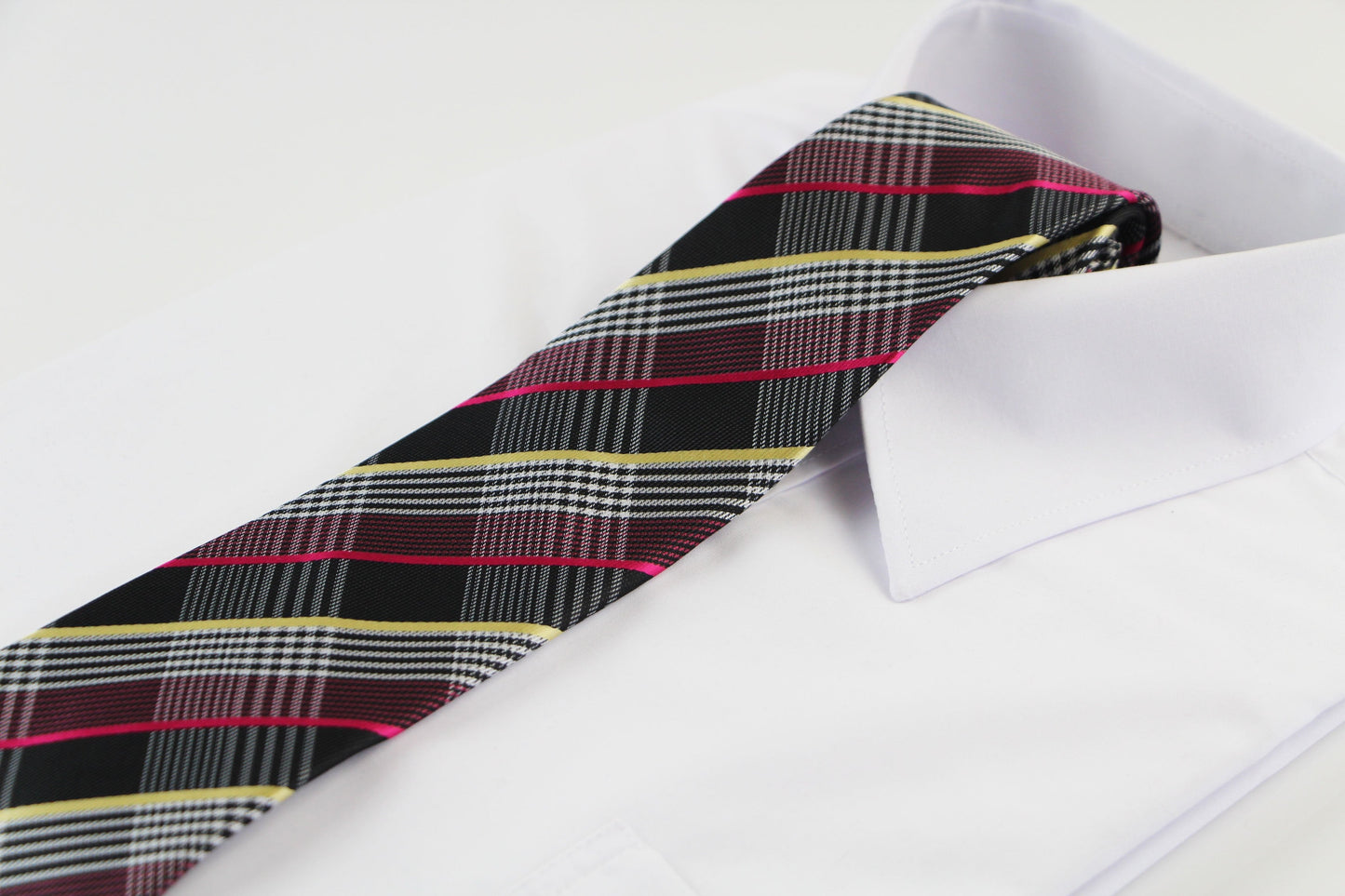 Mens Black, Pink & Light Yellow Plaid Patterned 8cm Neck Tie