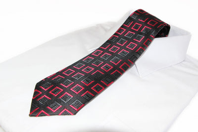 Mens Black & Red Striped Square Box Patterned 8cm Neck Tie