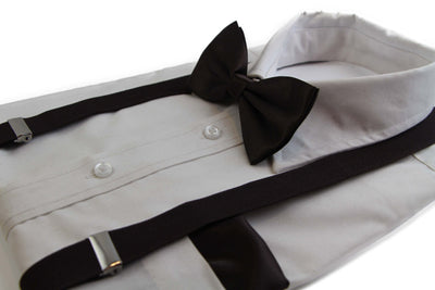 Mens Dark Brown 100cm Suspenders & Matching Bow Tie & Pocket Square Set