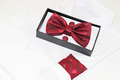 Mens Dark Red Zig Zag Matching Bow Tie, Pocket Square & Cuff Links Set