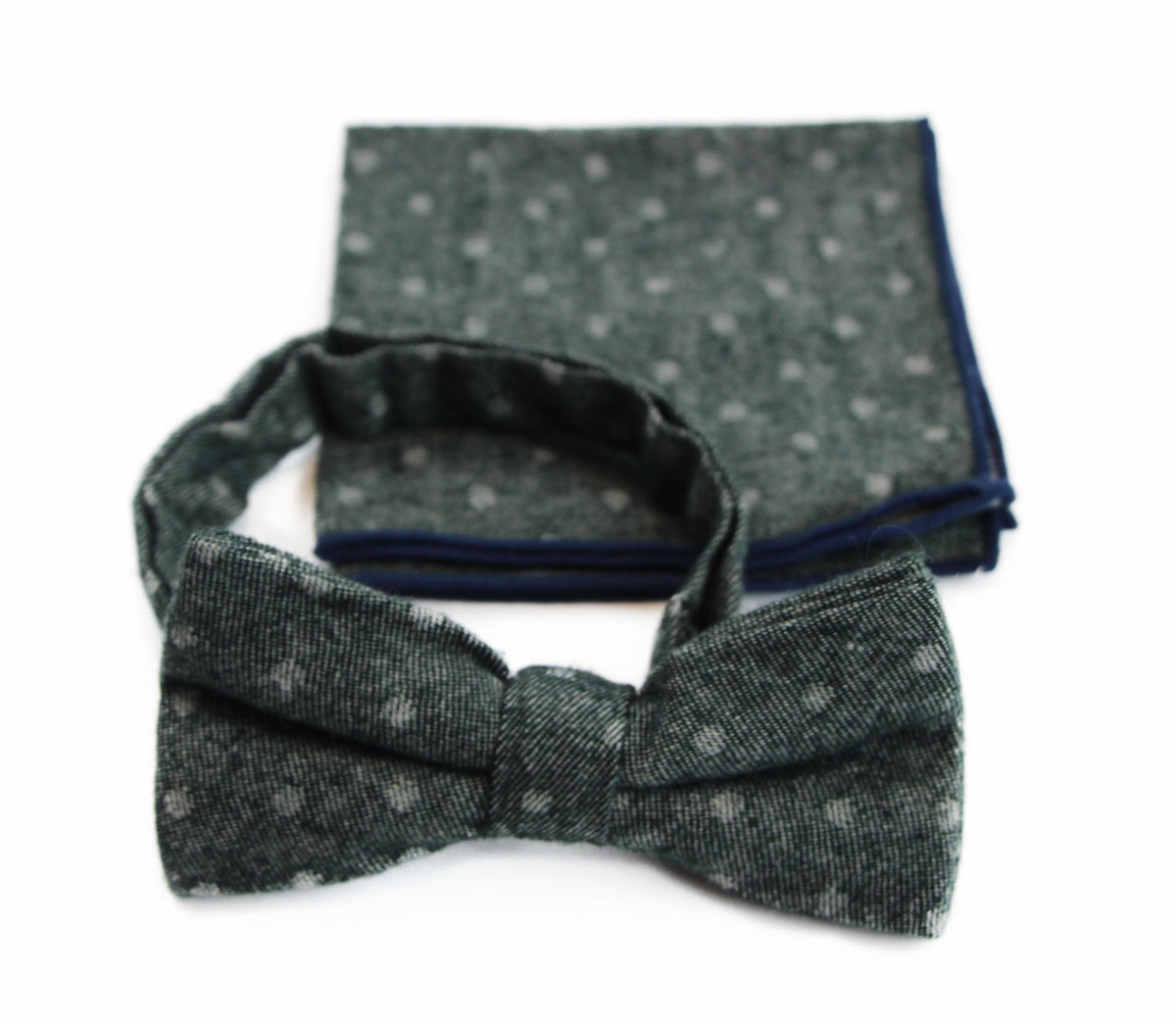 Mens Green Denim With White Dots Cotton Bow Tie & Pocket Square Set