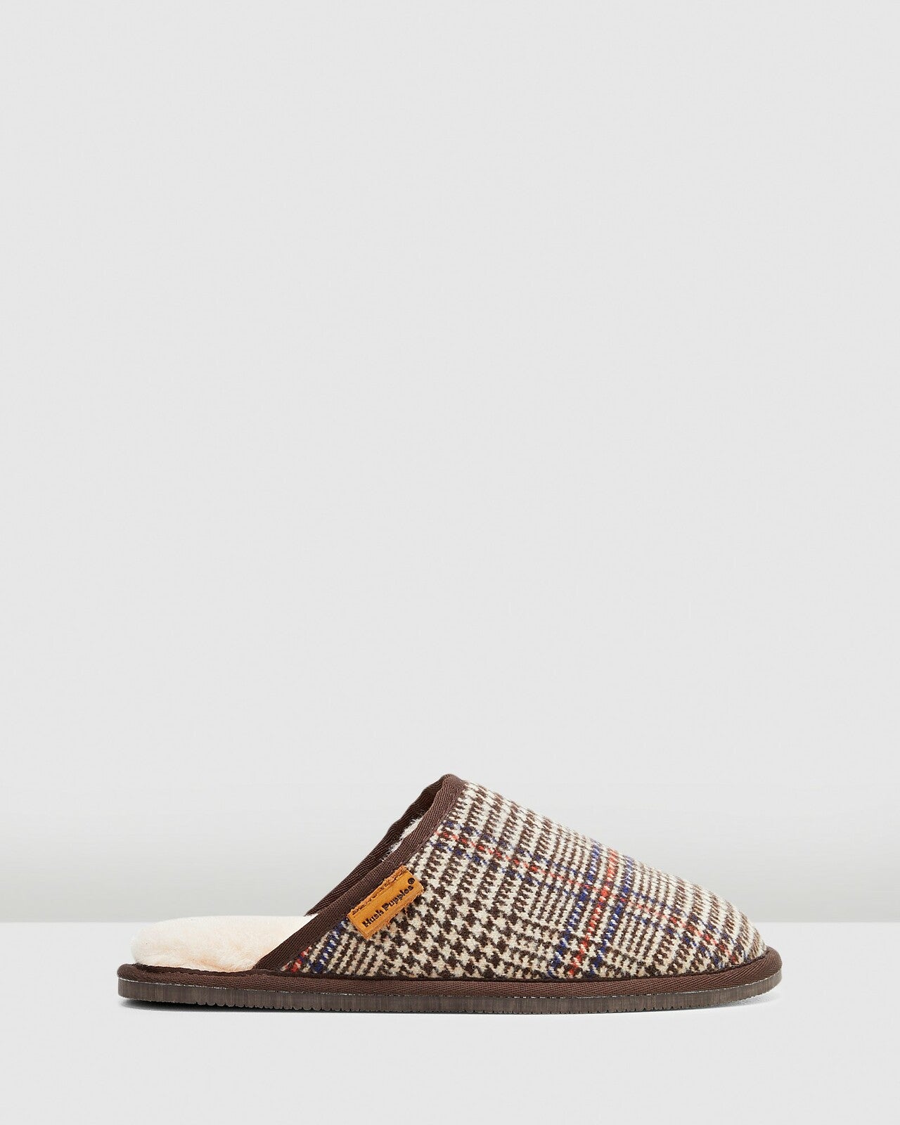 Mens Hush Puppies Sled Slippers Slip On Shoes Natural Plaid Leather Wool