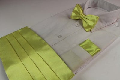 Mens Lime Cummerbund & Matching Plain Bow Tie And Pocket Square Set