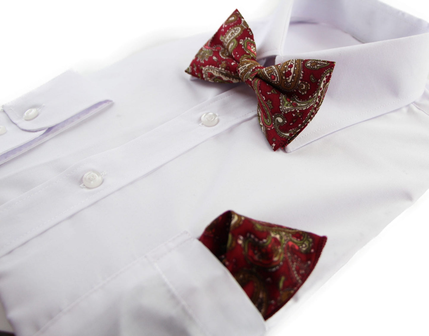 Mens Maroon, Green & Cream Paisley Cotton Bow Tie & Pocket Square Set