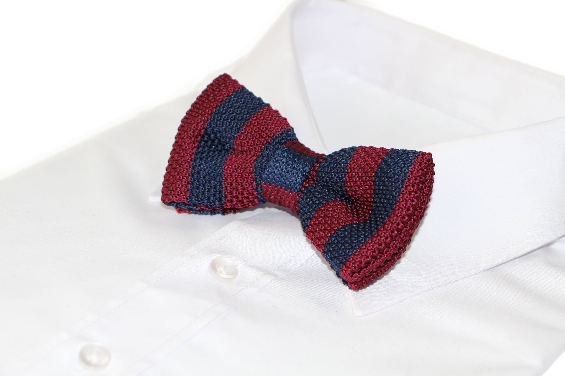 Mens Navy And Maroon Thick Vertical Striped Knitted Bow Tie