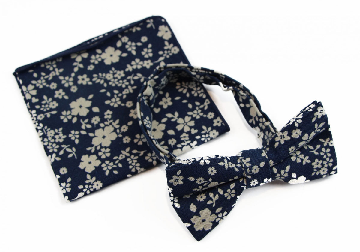 Mens Navy & White Flowers Cotton Bow Tie & Pocket Square Set