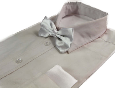 Mens White Plain Bow Tie & Matching Pocket Square Set