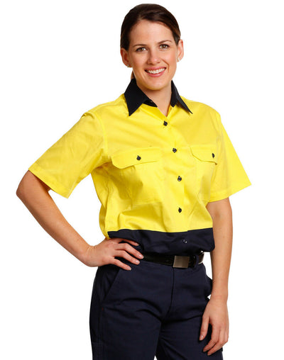 New Womens Short Sleeve Safety Shirt Two Tone Navy Yellow Button Up Organizer