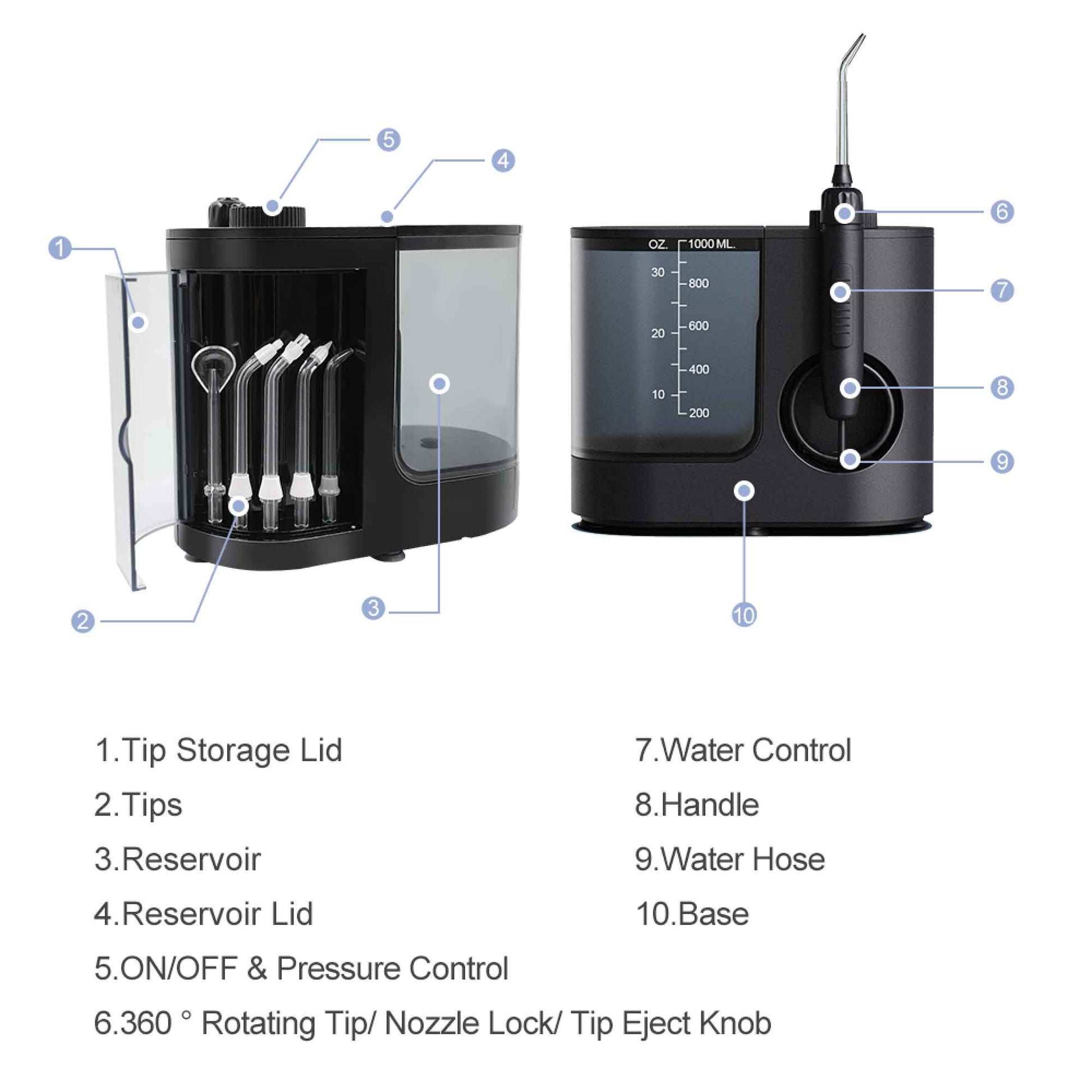Orku 1000ml Water Flosser Electric Oral Irrigator - Adjustable Pressure Black