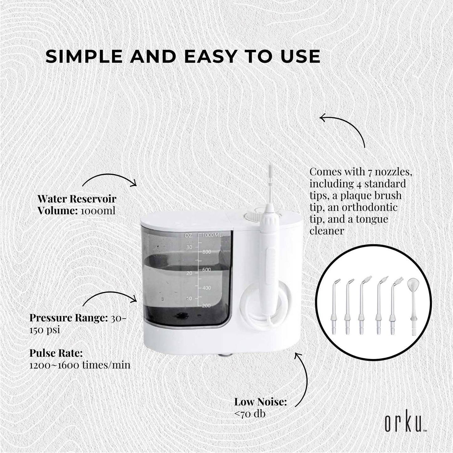 Orku 1000ml Water Flosser Electric Oral Irrigator - Adjustable Pressure White