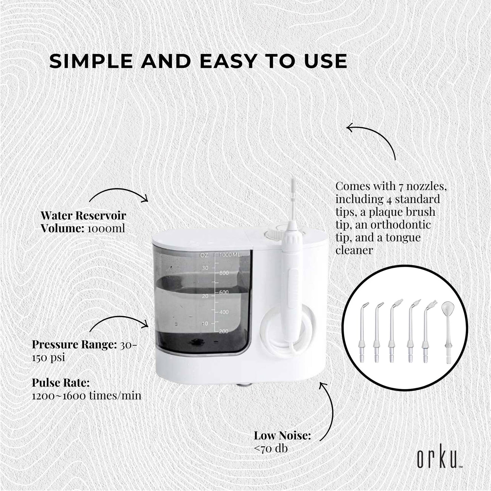 Orku 1000ml Water Flosser Electric Oral Irrigator - Adjustable Pressure White