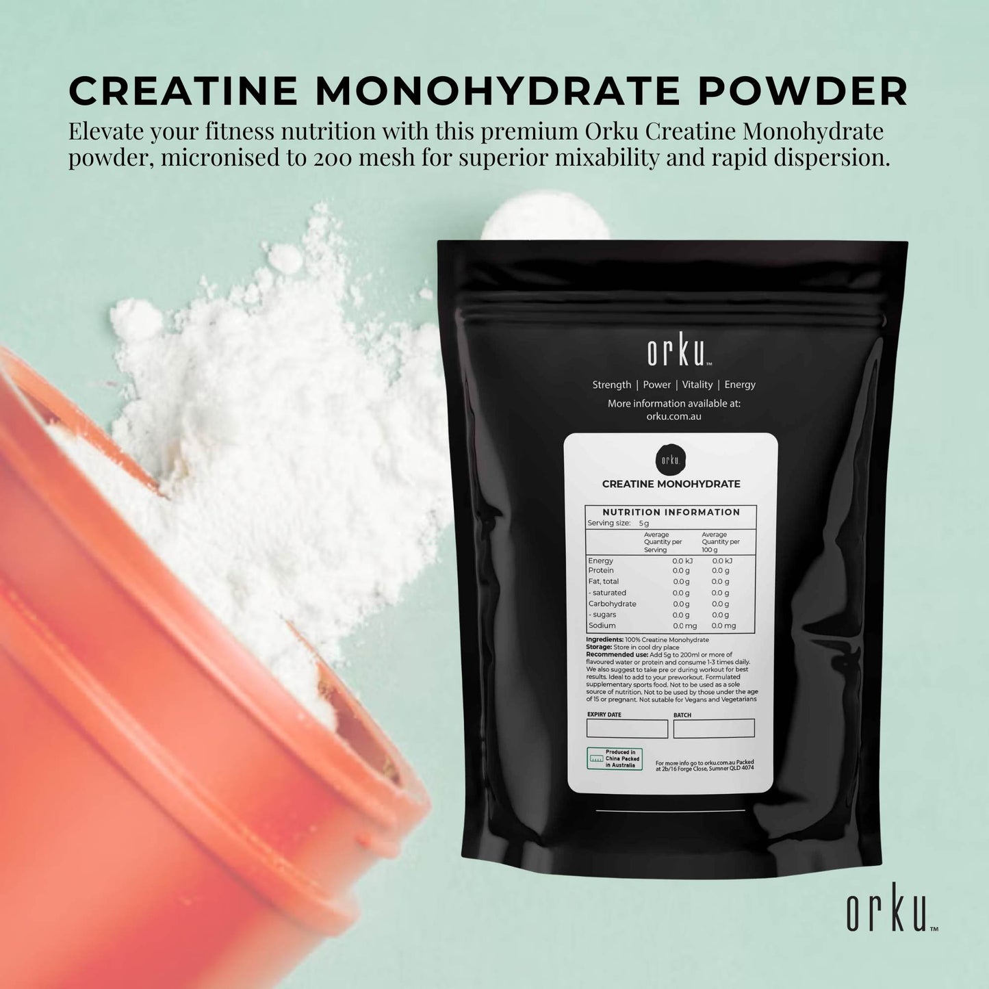 Orku 100g Creatine Monohydrate Powder 200 Mesh Micronised 99.9% Pure