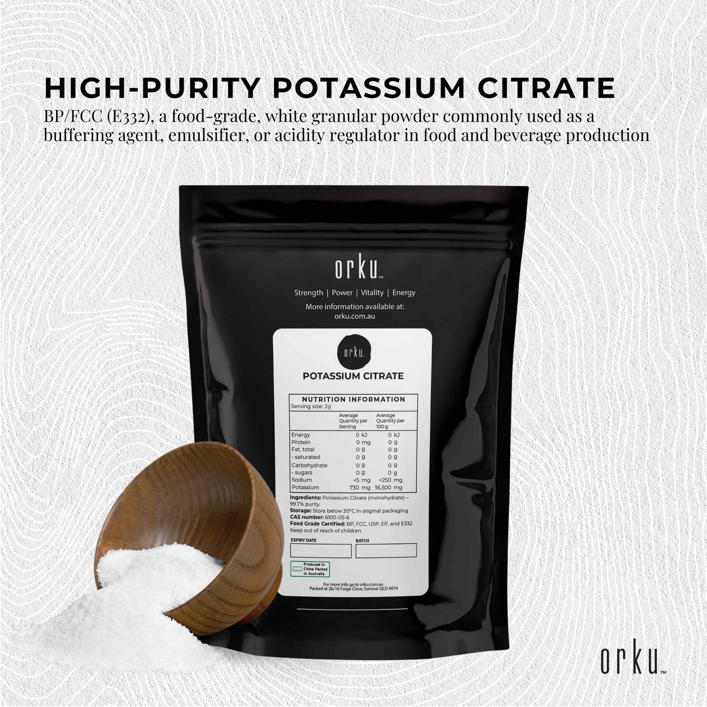 Orku 100g Potassium Citrate Food Grade - Granular BP USP FCC E332 Additive