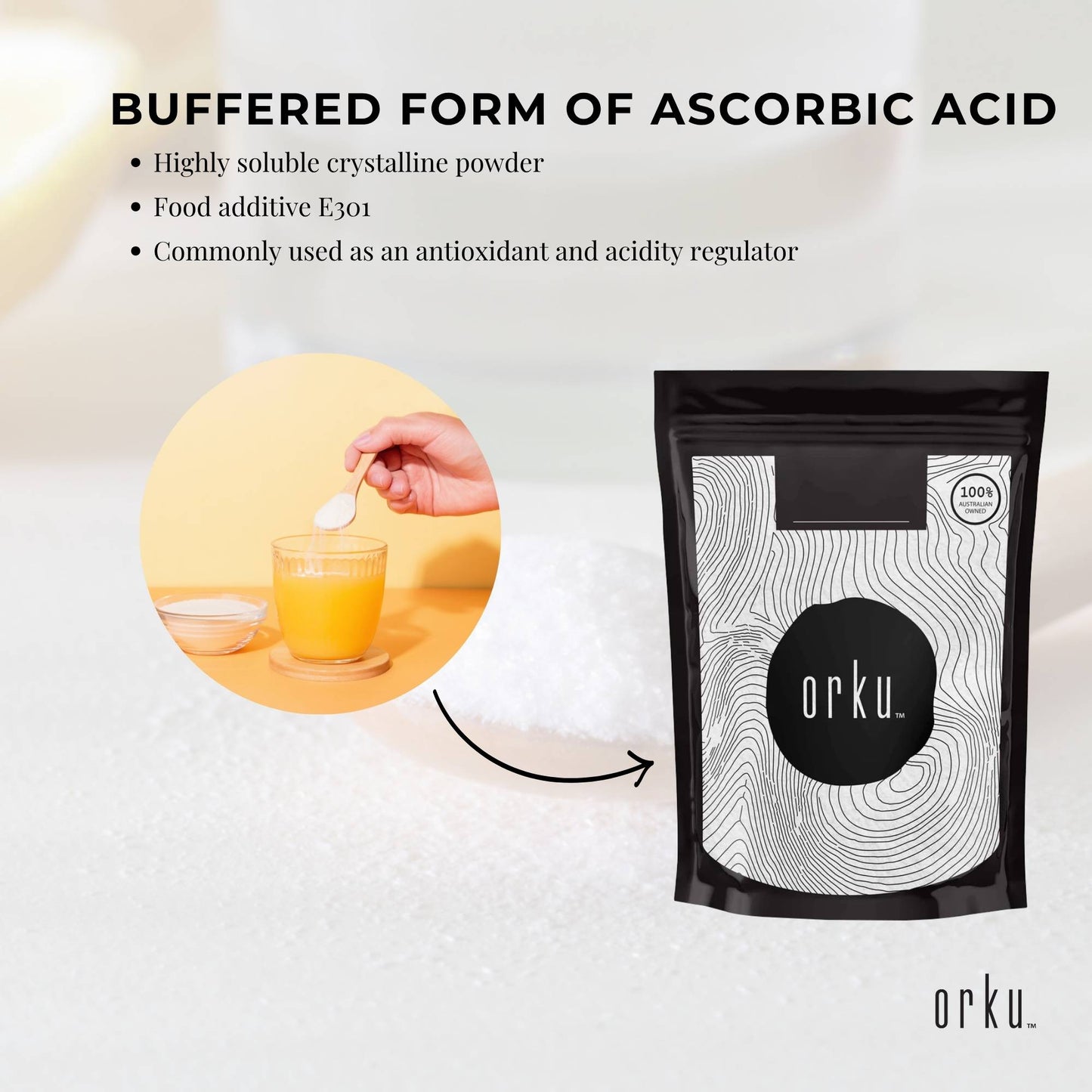 Orku 100g Sodium Ascorbate - High Purity Soluble Crystalline Powder Ingredient