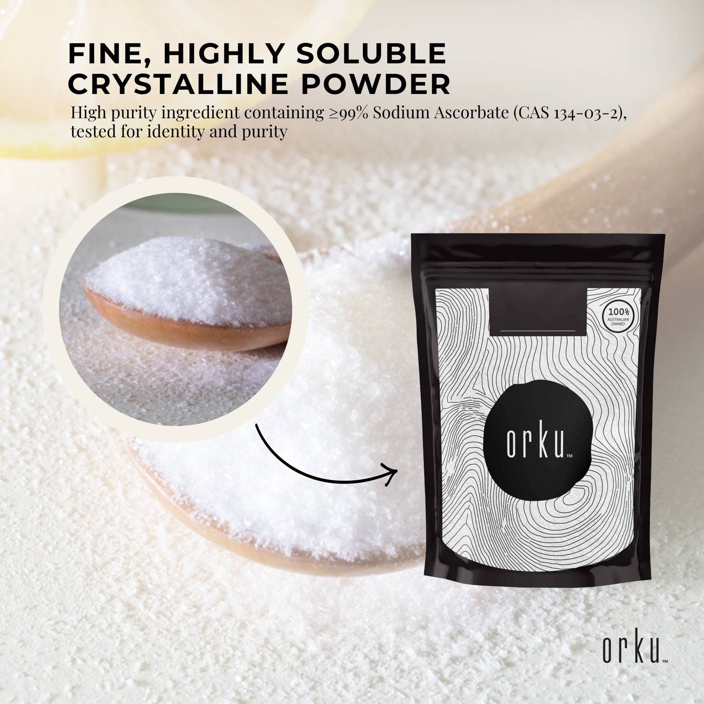 Orku 100g Sodium Ascorbate - High Purity Soluble Crystalline Powder Ingredient