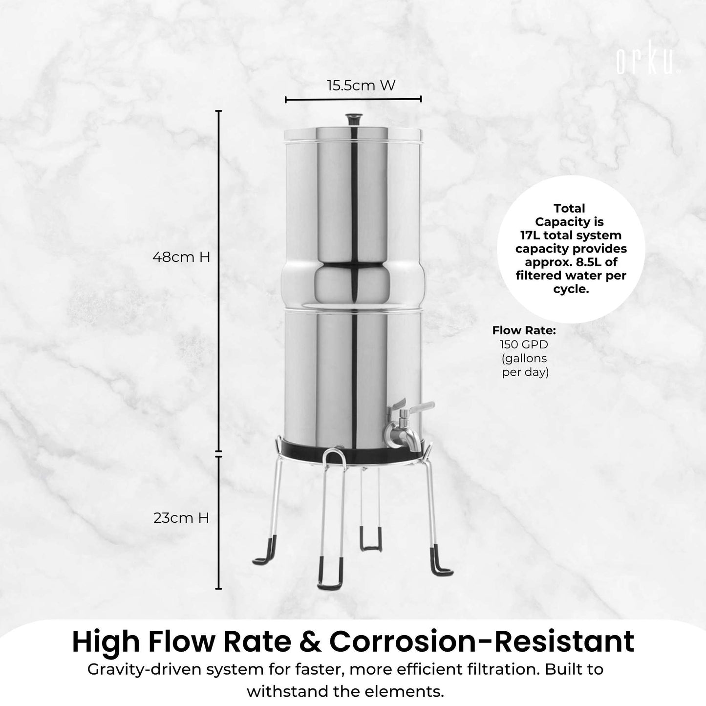 Orku 17L Gravity Benchtop Water Filter System - Stainless Steel