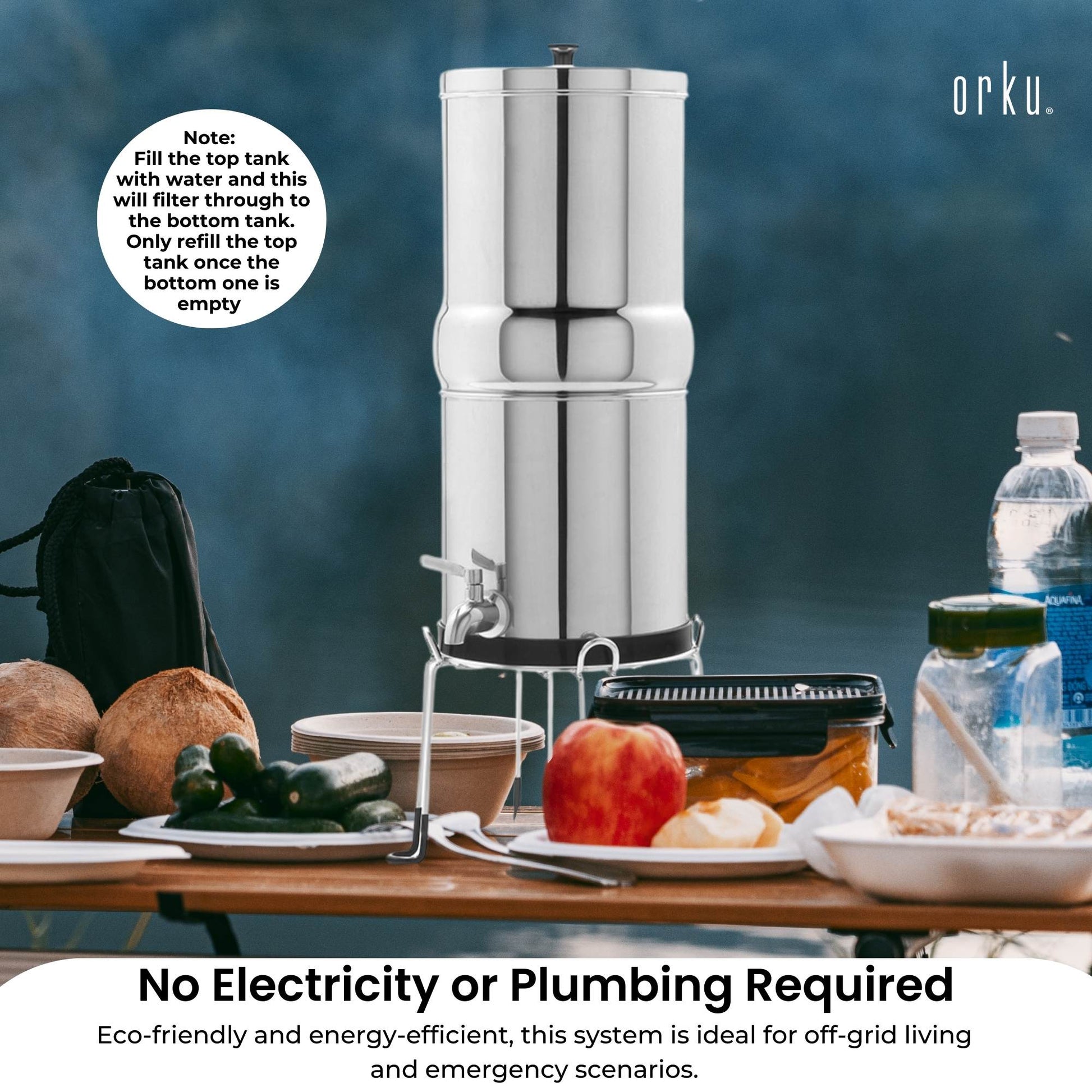Orku 17L Gravity Benchtop Water Filter System - Stainless Steel