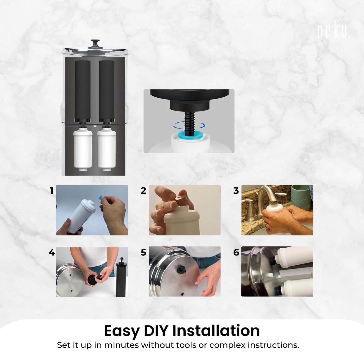 Orku 17L Gravity Benchtop Water Filter System - Stainless Steel