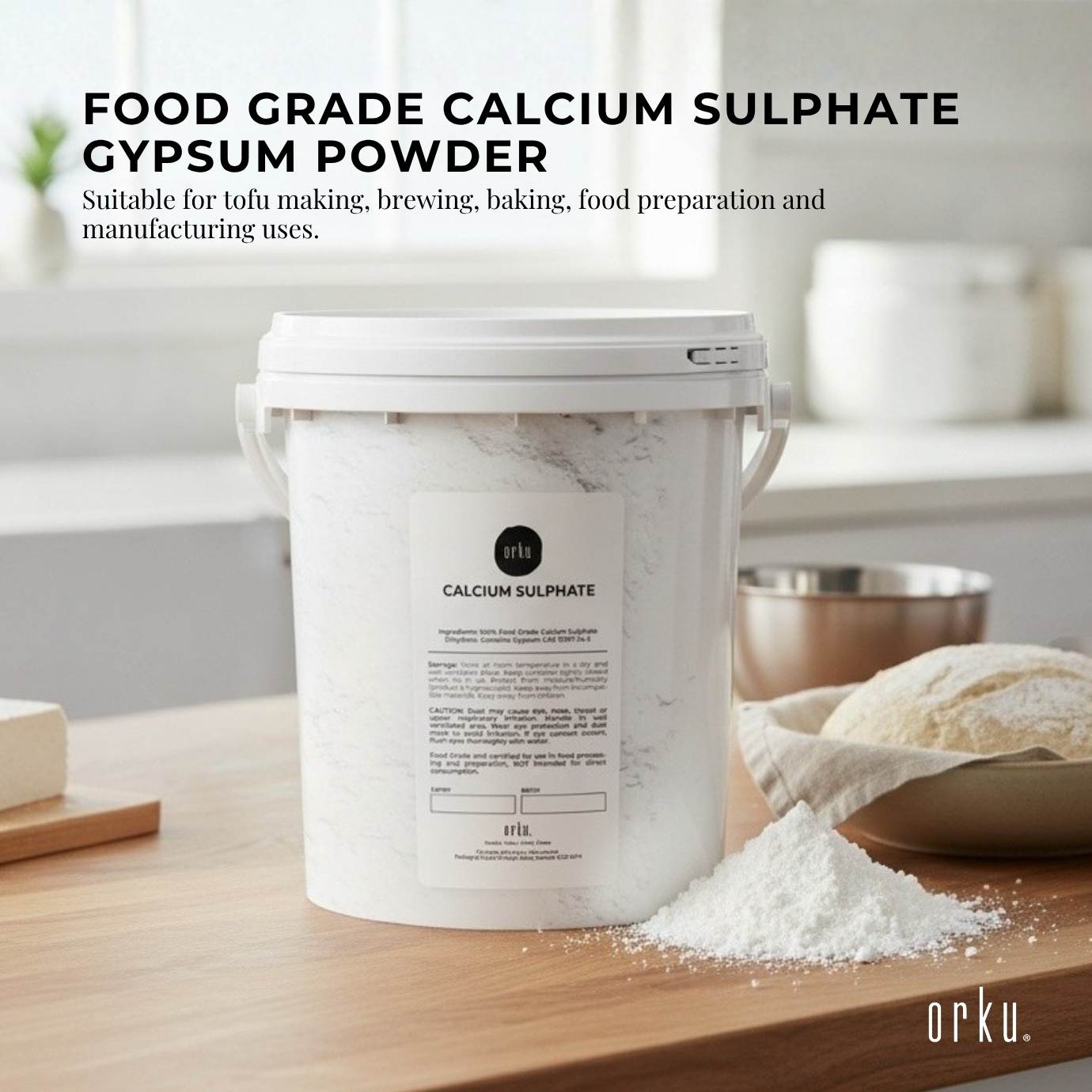 Orku 1Kg Fine Calcium Sulphate Gypsum Powder Tub - Dihydrate Food Grade FCC E516
