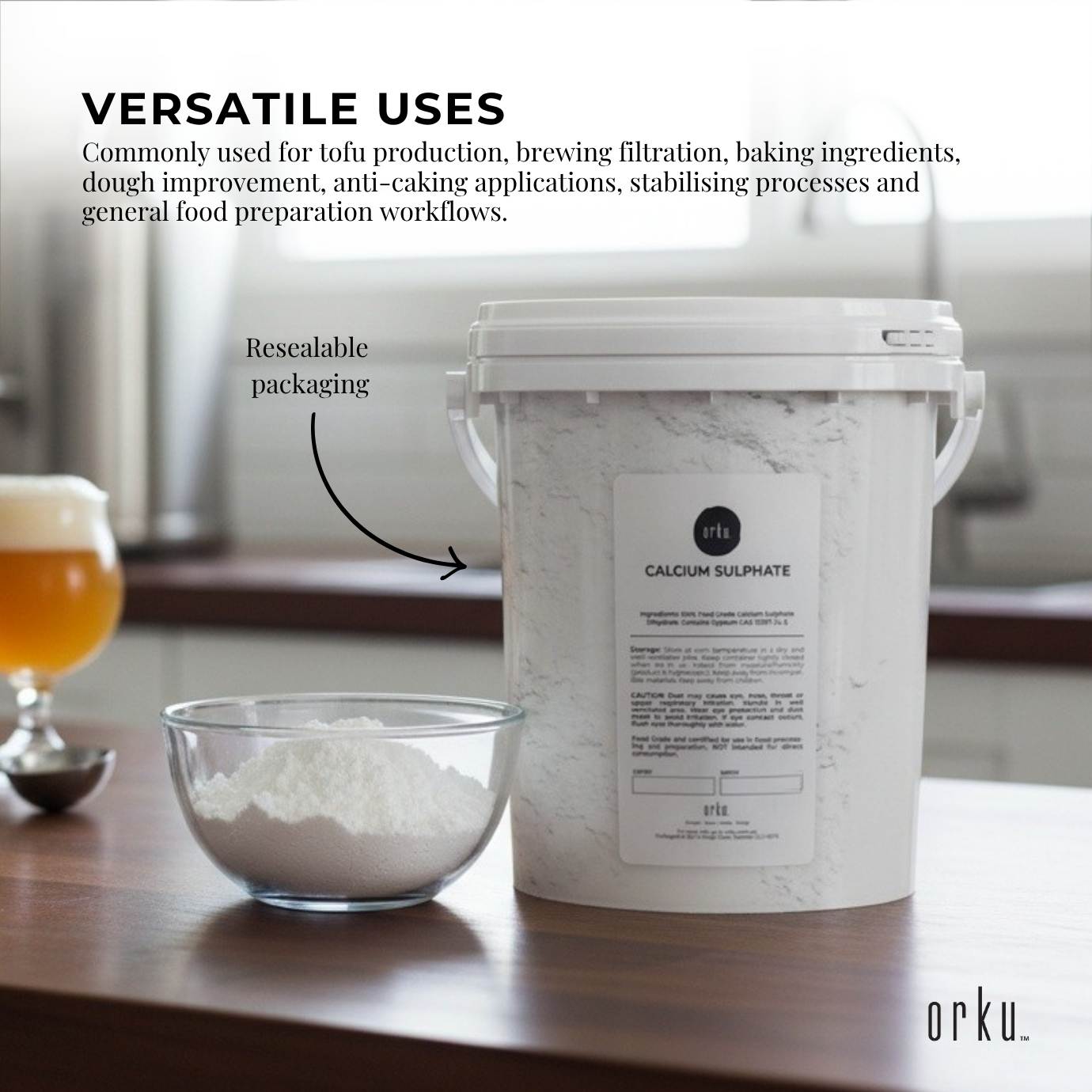 Orku 1Kg Fine Calcium Sulphate Gypsum Powder Tub - Dihydrate Food Grade FCC E516