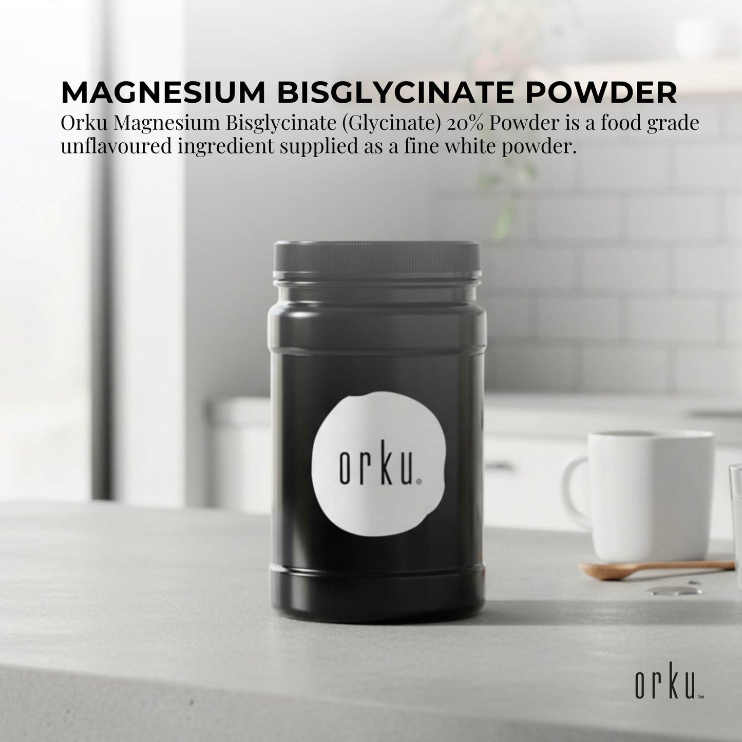 Orku 1Kg Magnesium Bisglycinate Powder Unflavoured Chelated Biglycinate - Jar