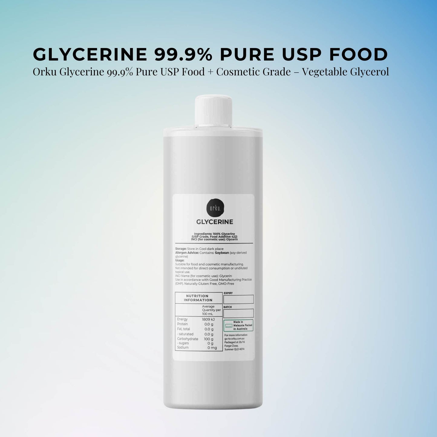 Orku 1L Glycerine 99.9% Pure USP Food + Cosmetic Grade – Vegetable Glycerol