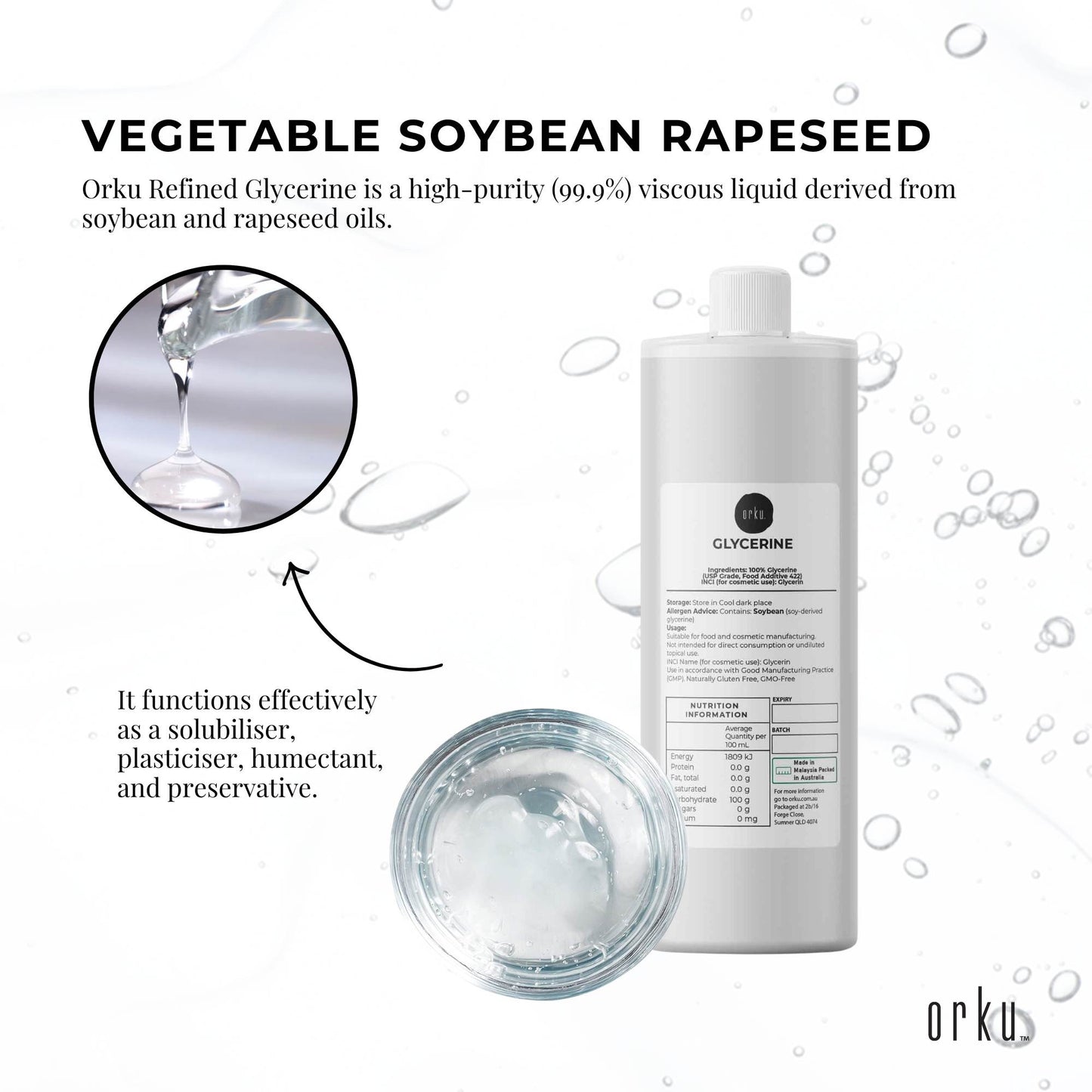 Orku 1L Glycerine 99.9% Pure USP Food + Cosmetic Grade – Vegetable Glycerol