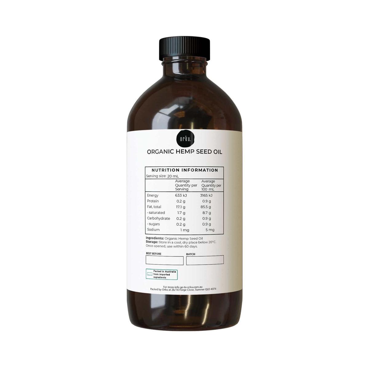 Orku 1L Organic Hemp Seed Oil - Cold Pressed Food Grade Oils