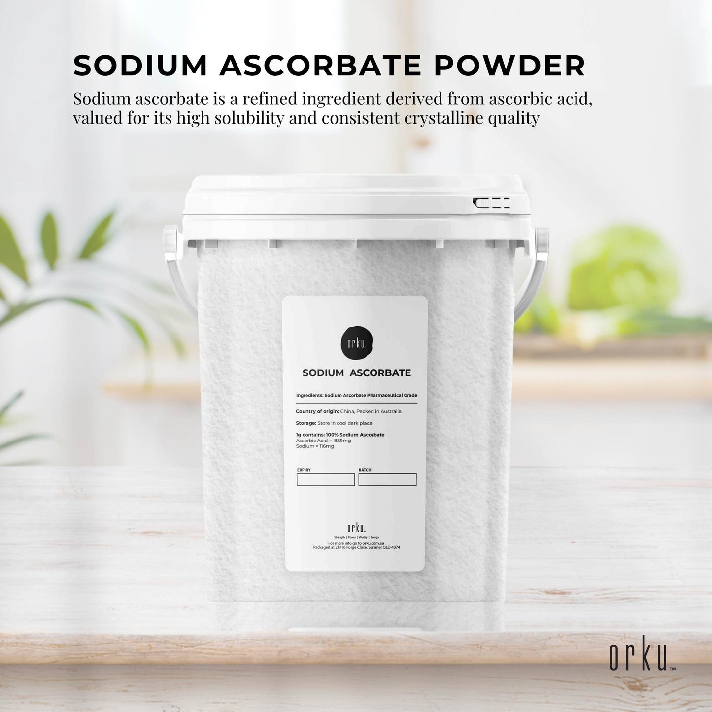 Orku 1.2Kg Sodium Ascorbate Tub - High Purity Soluble Crystalline Powder