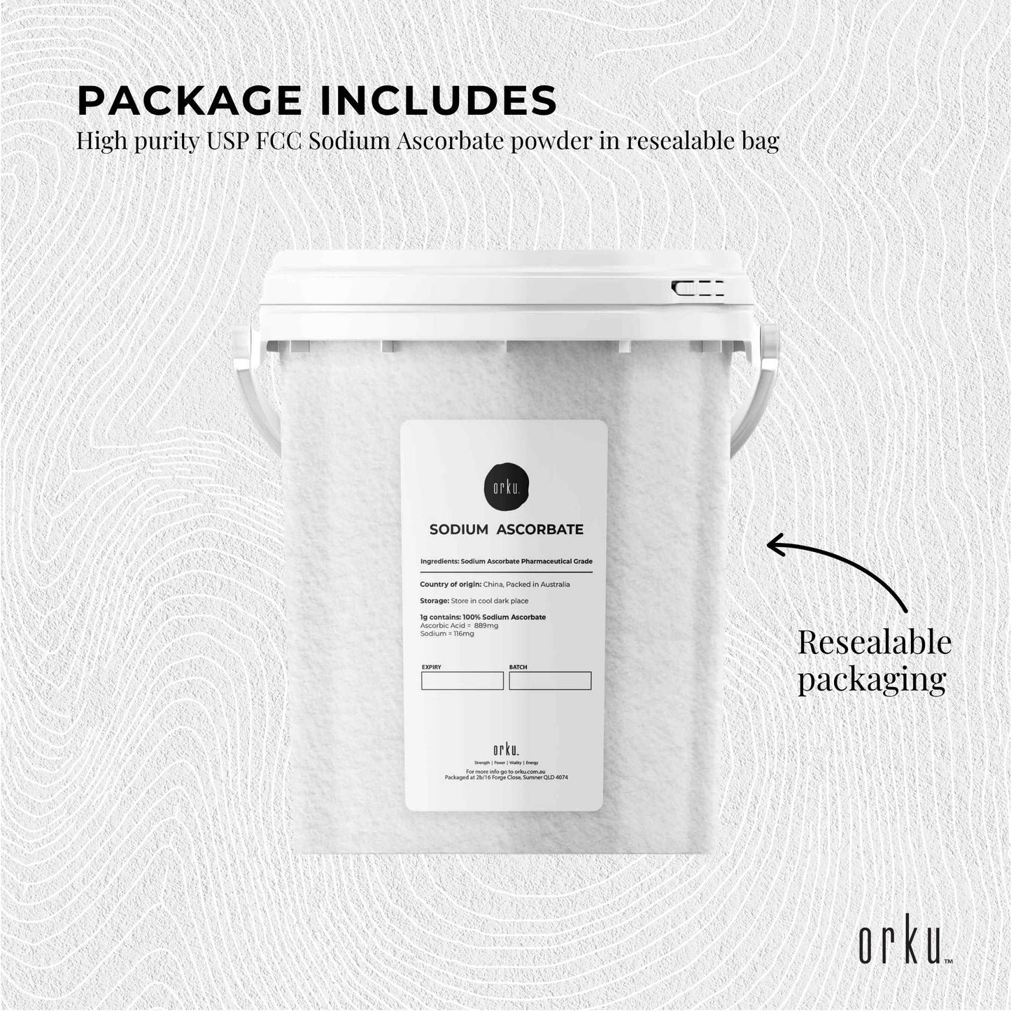 Orku 1.2Kg Sodium Ascorbate Tub - High Purity Soluble Crystalline Powder