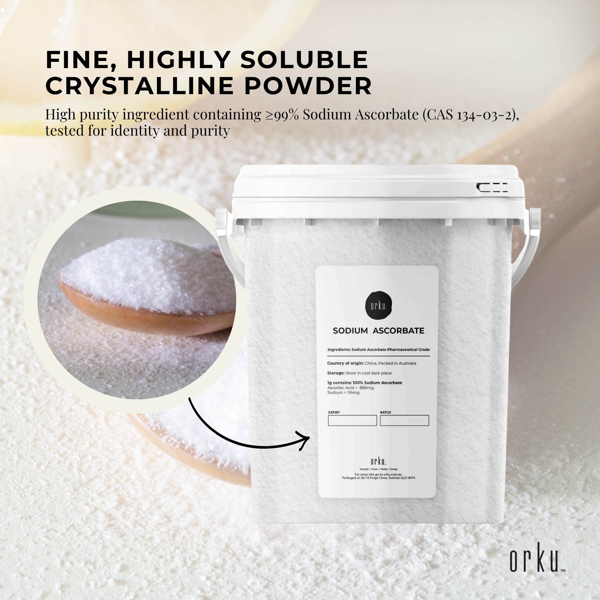 Orku 1.2Kg Sodium Ascorbate Tub - High Purity Soluble Crystalline Powder