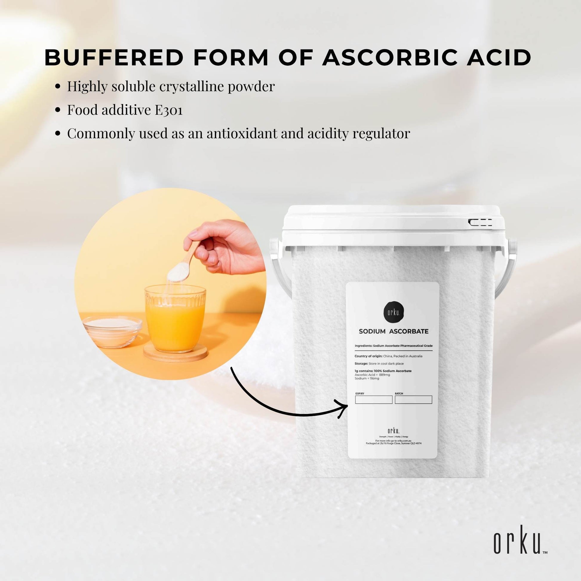 Orku 1.2Kg Sodium Ascorbate Tub - High Purity Soluble Crystalline Powder