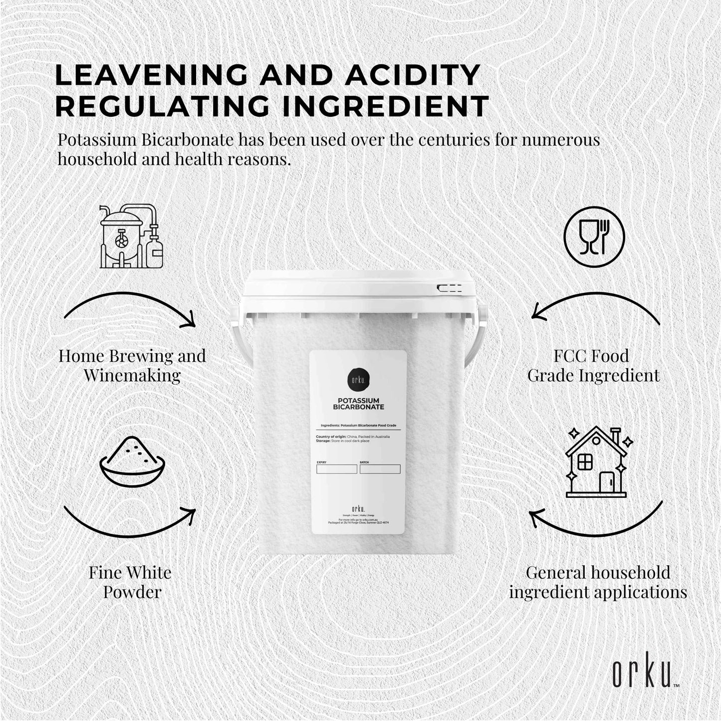 Orku 1.3Kg Potassium Bicarbonate Powder Tub Food Grade FCC for Brewing Baking