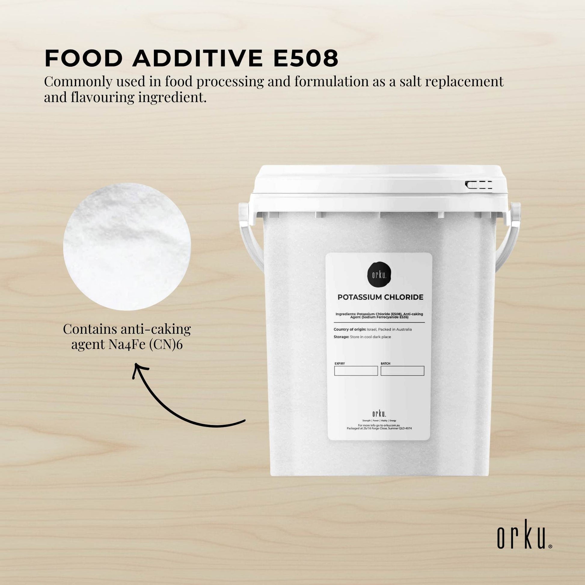 Orku 1.3Kg Potassium Chloride Powder Tub - Food Grade E508 Salt Substitute