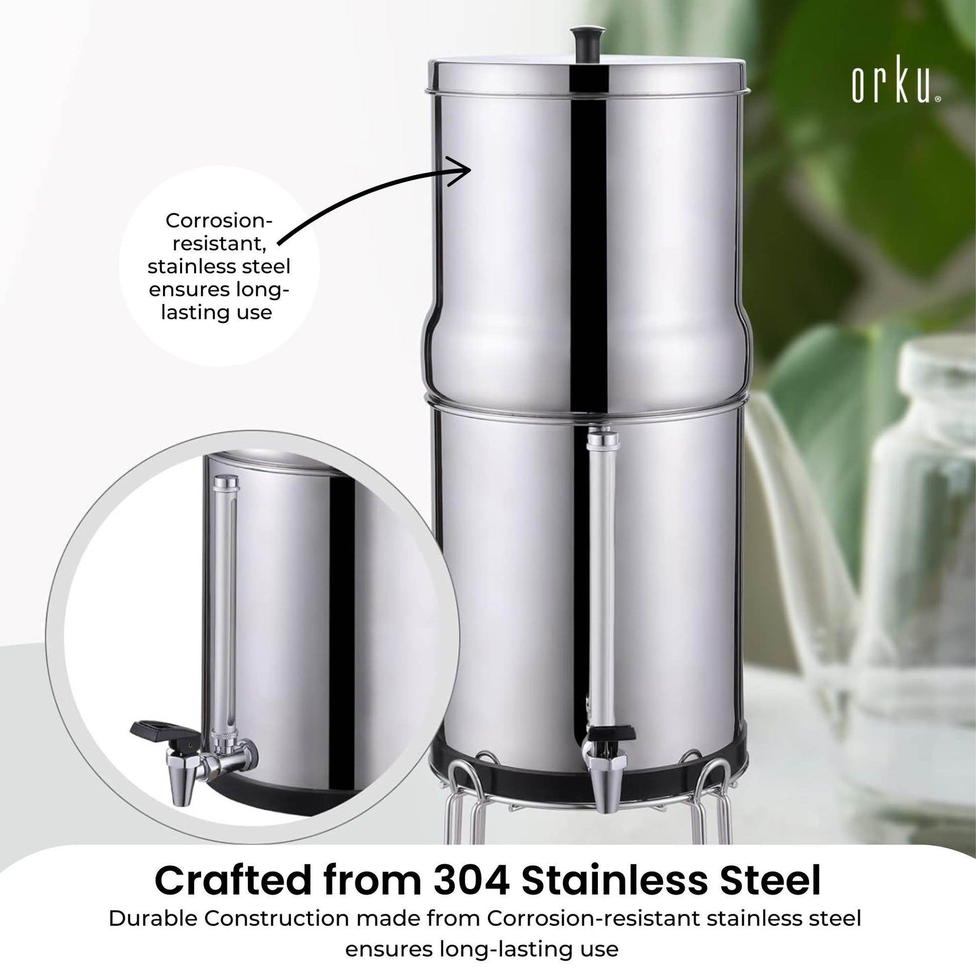 Orku 23L Gravity Benchtop Water Filter System with Gauge - Stainless Steel