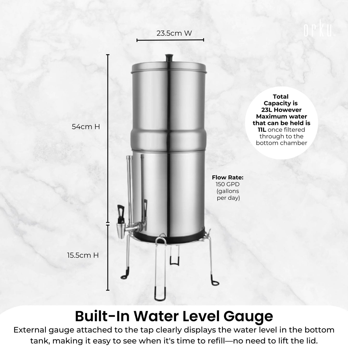 Orku 23L Gravity Benchtop Water Filter System with Gauge - Stainless Steel