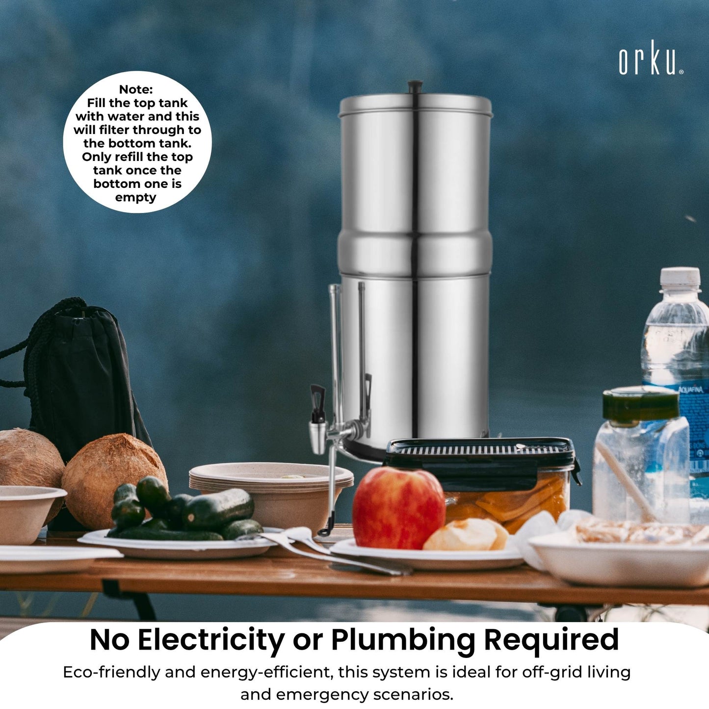 Orku 23L Gravity Benchtop Water Filter System with Gauge - Stainless Steel