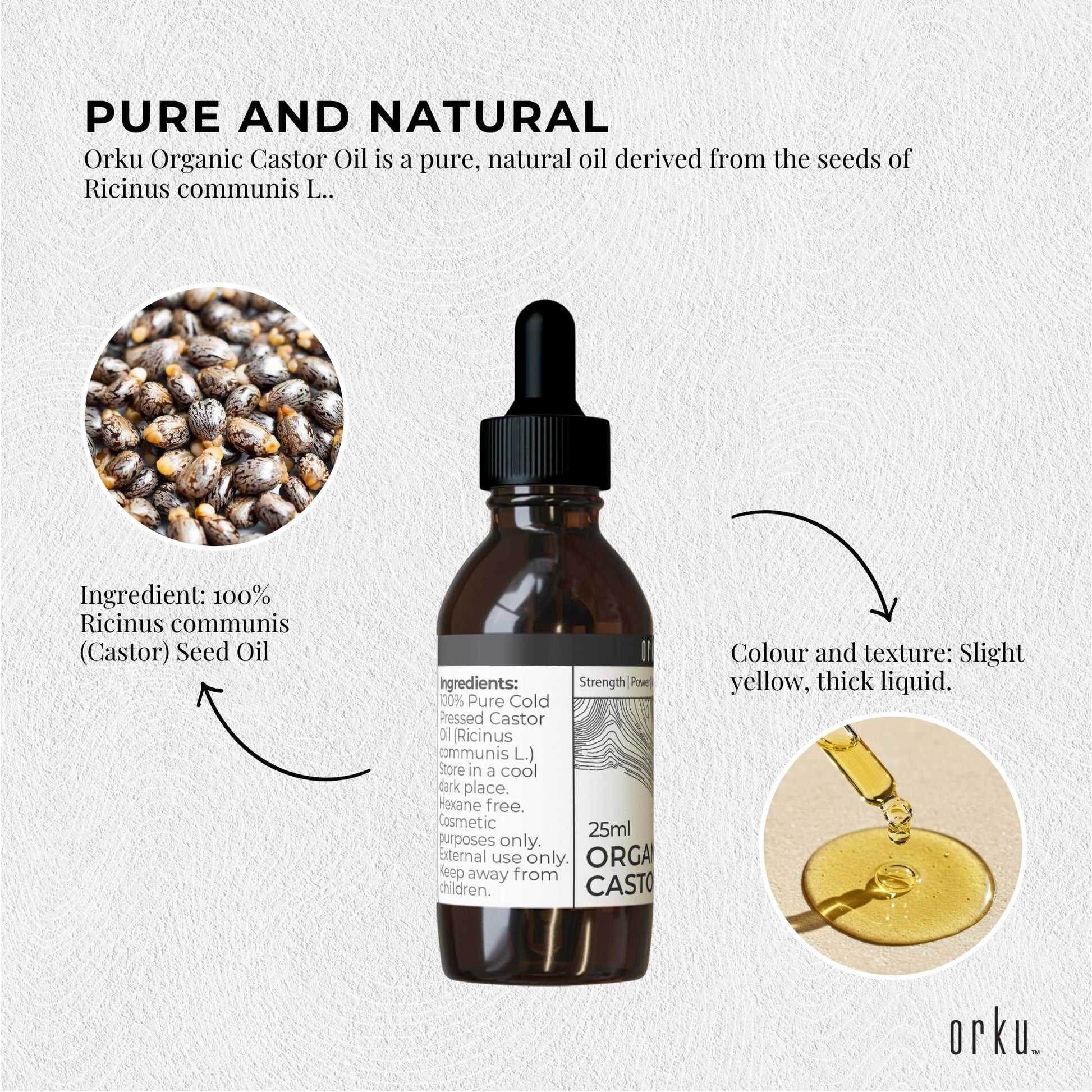 Orku 25ml Organic Castor Oil + Dropper - Hexane Free Cold Pressed