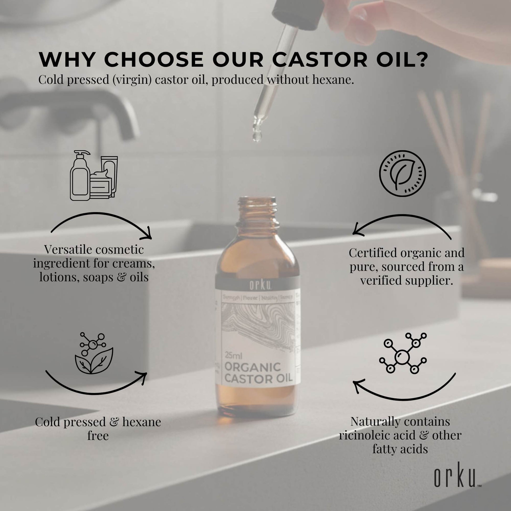 Orku 25ml Organic Castor Oil + Dropper - Hexane Free Cold Pressed