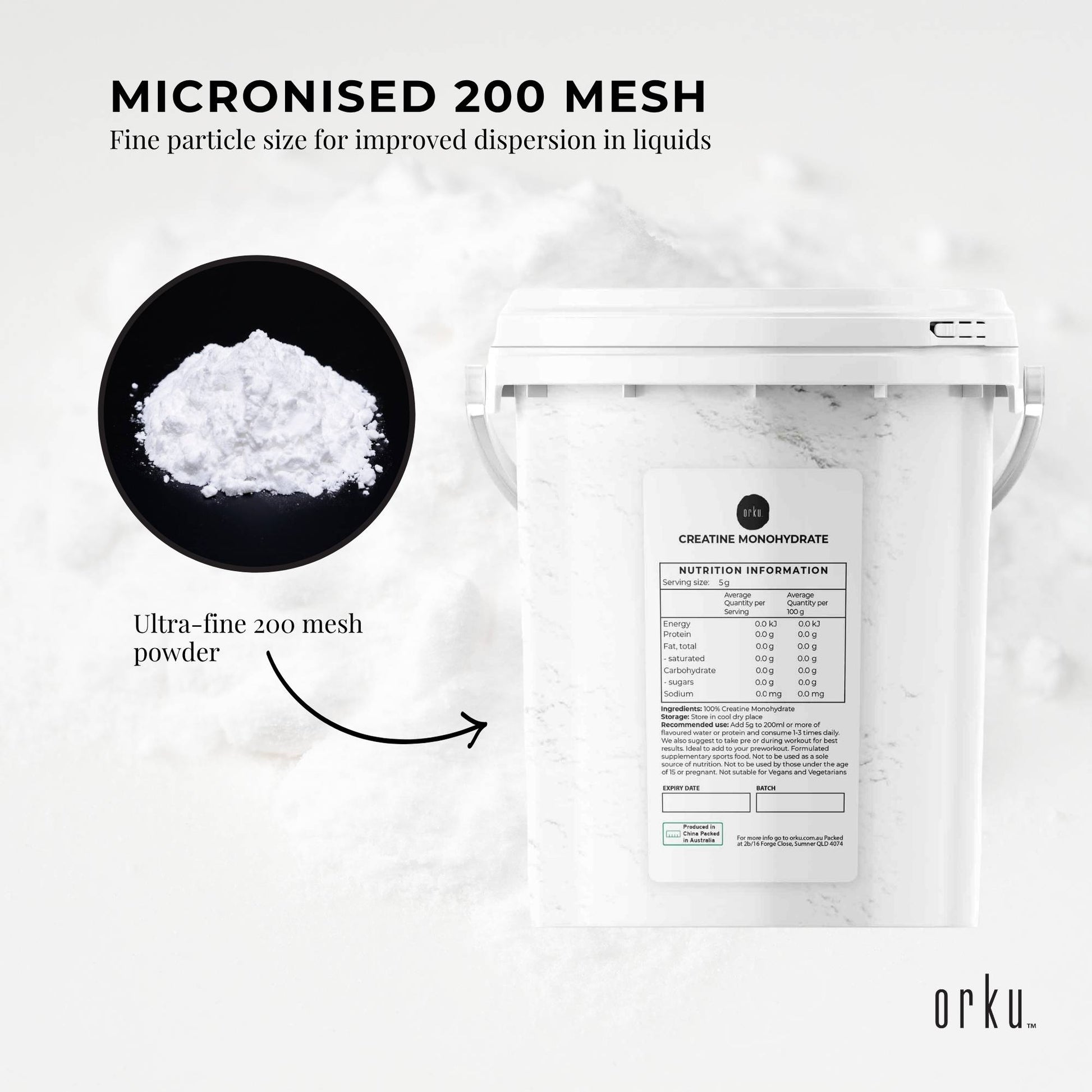 Orku 2Kg Creatine Monohydrate Powder 200 Mesh Micronised 99.9% Pure