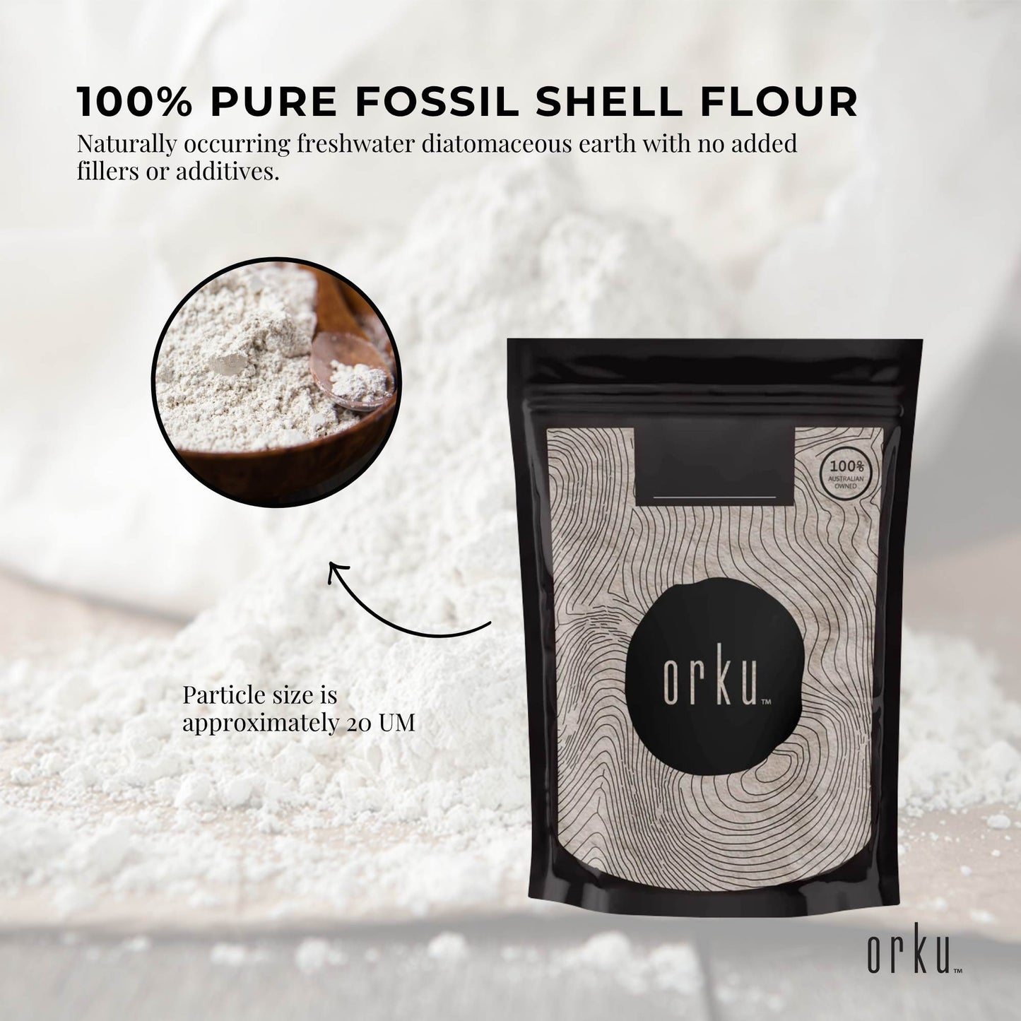 Orku 2Kg Fine Diatomaceous Earth - Food Grade FCC Fossil Shell Flour Powder