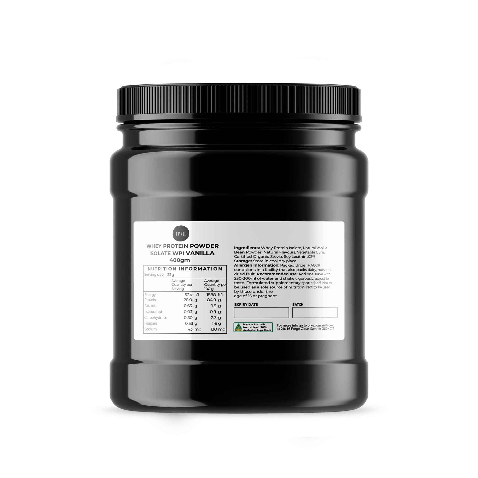 Orku 400g Whey Protein Isolate WPI Vanilla Powder Jar