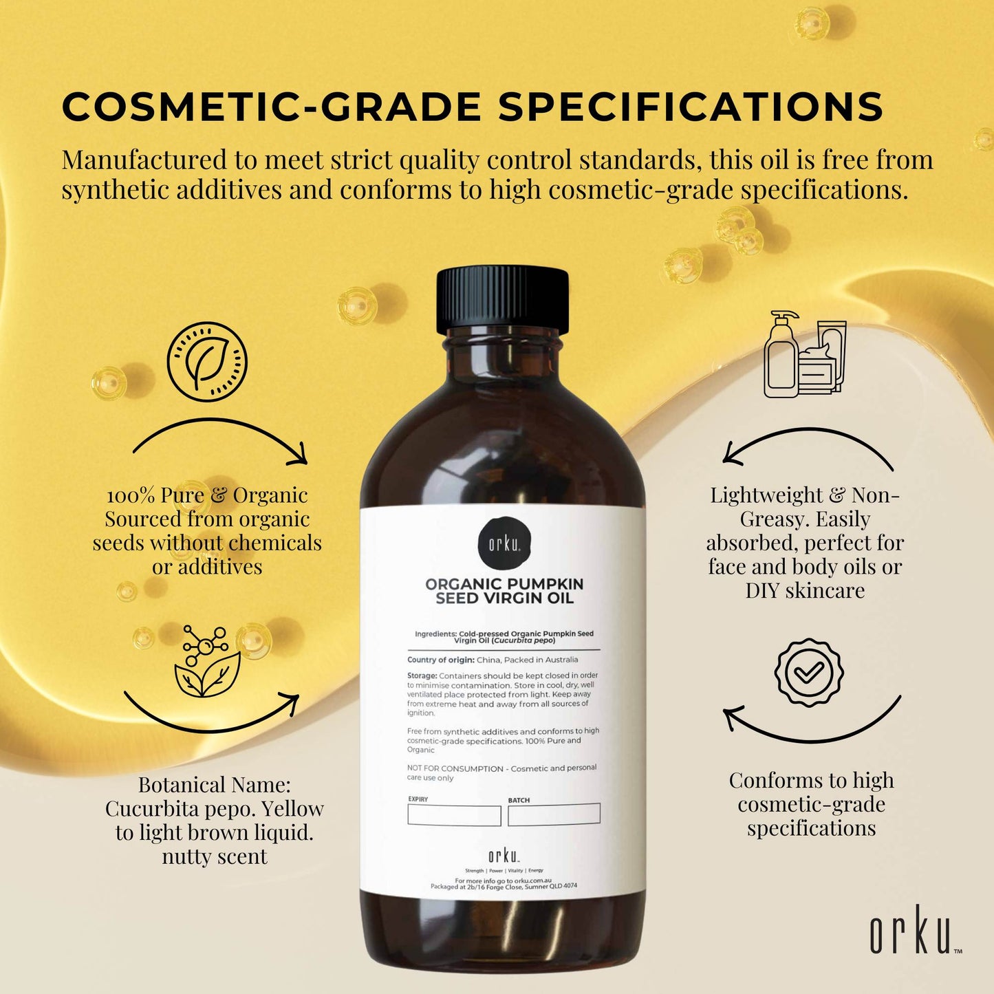 Orku 500ml Organic Pumpkin Seed Oil – Virgin Cold Pressed Unrefined Cosmetic Grade