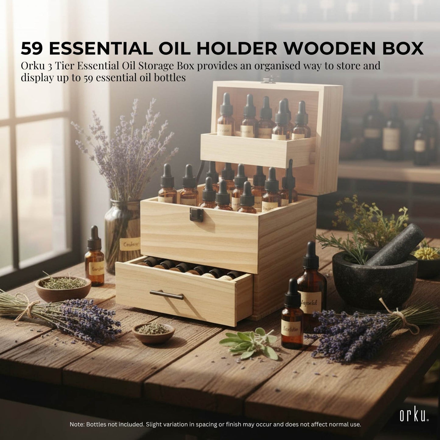 Orku 59 Essential Oil Bottle Storage Box - Wooden 3 Tier Aromatherapy Organiser