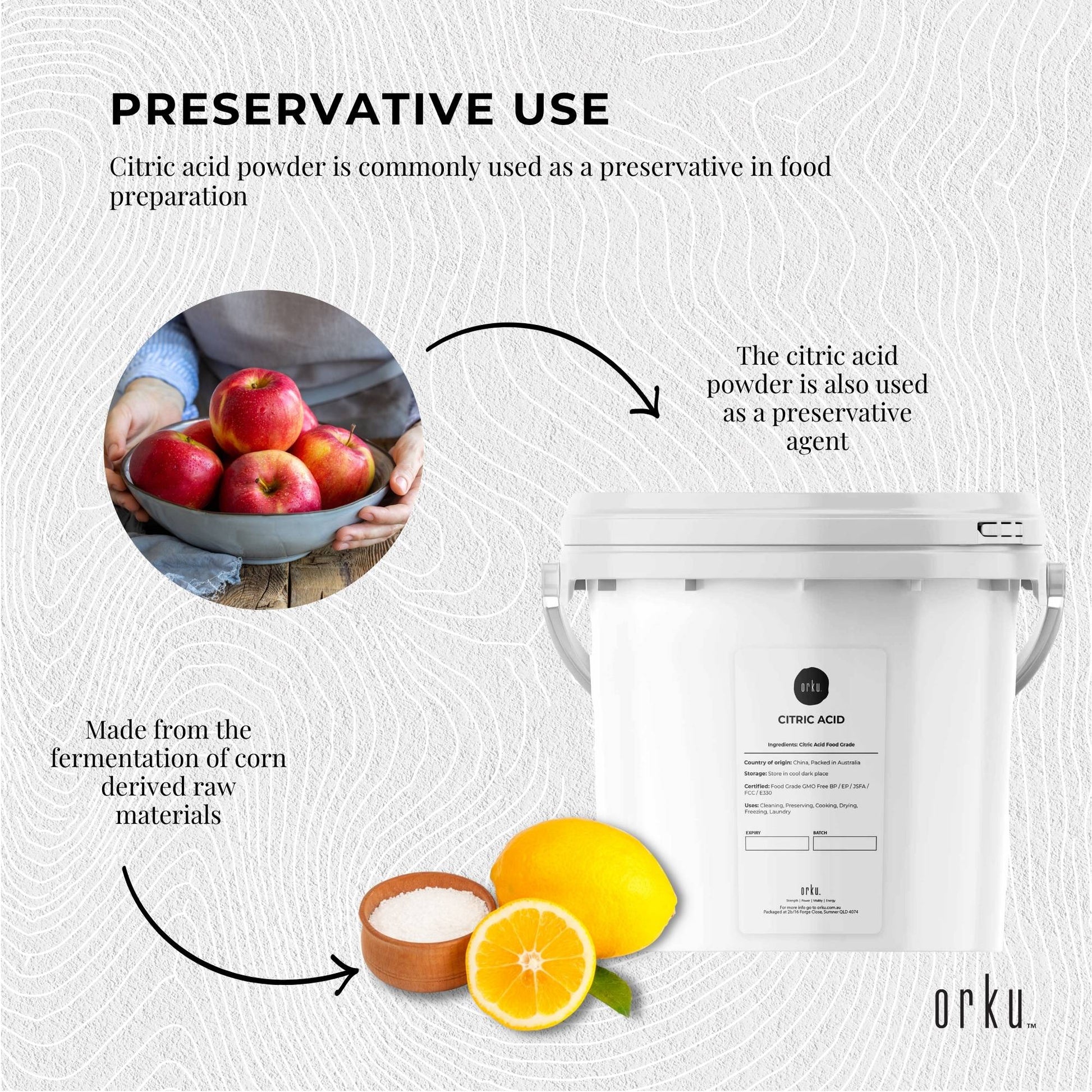 Orku 5Kg Citric Acid Powder Tub - Food Grade Non GMO Preservative E330