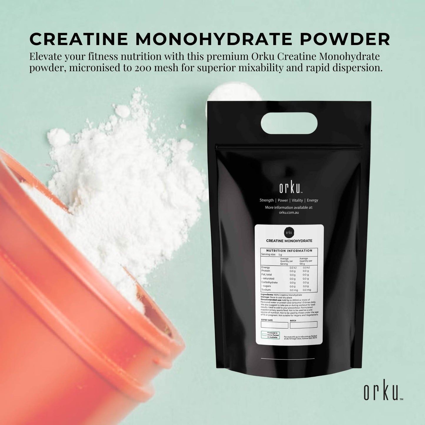Orku 10Kg Creatine Monohydrate Powder 200 Mesh Micronised 99.9% Pure