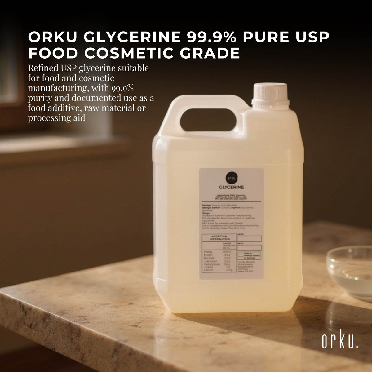 Orku 5L Glycerine 99.9% Pure USP Food Cosmetic Grade - Vegetable Glycerol