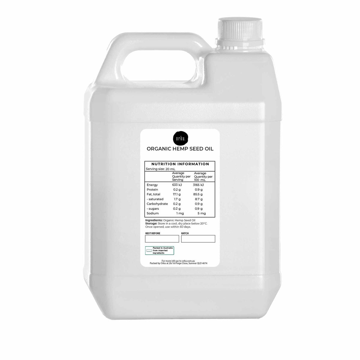 Orku 5L Organic Hemp Seed Oil - Cold Pressed Food Grade Oils