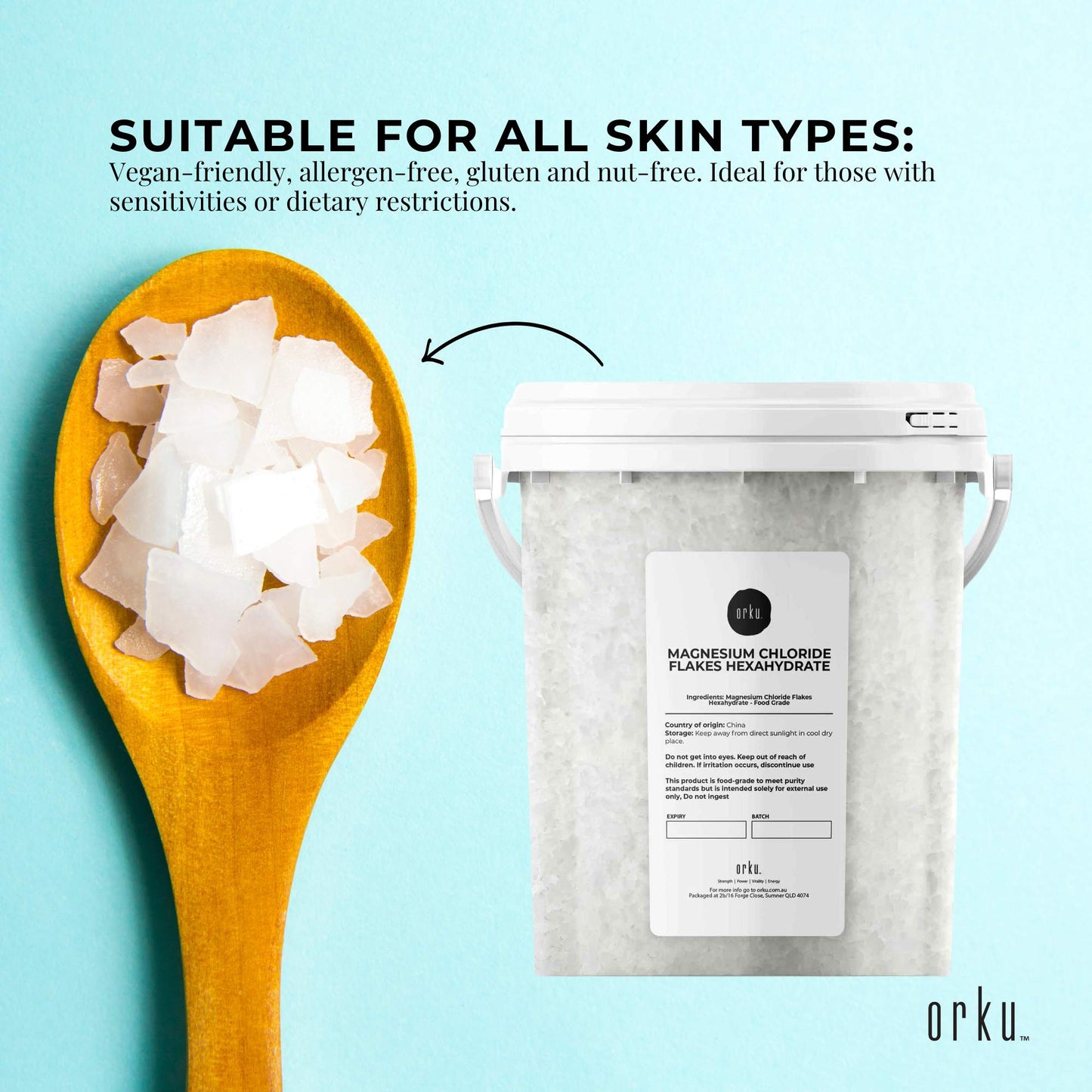 Orku 800g Magnesium Chloride Flakes Hexahydrate Tub - FCC USP Spec Bath Salts