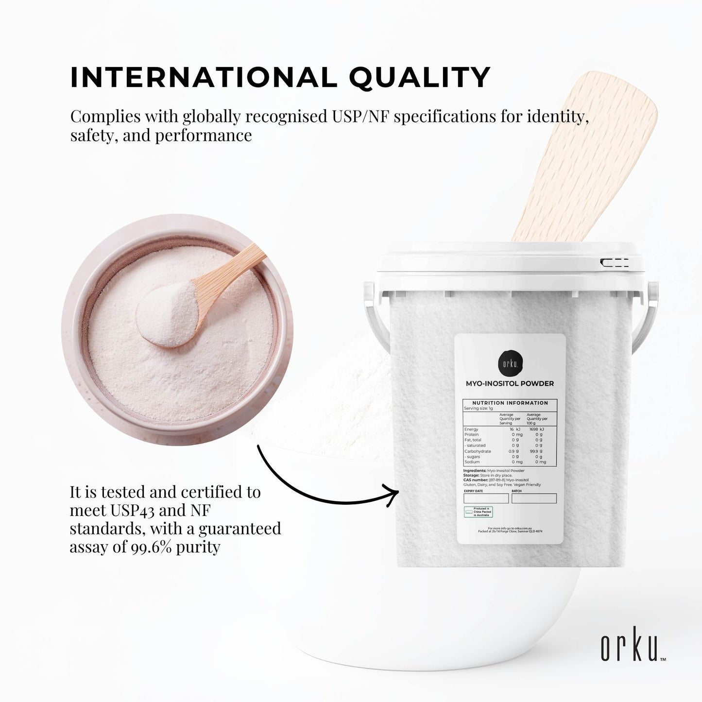 Orku 800g Myo Inositol Powder Tub - USP Grade High Purity Unflavoured